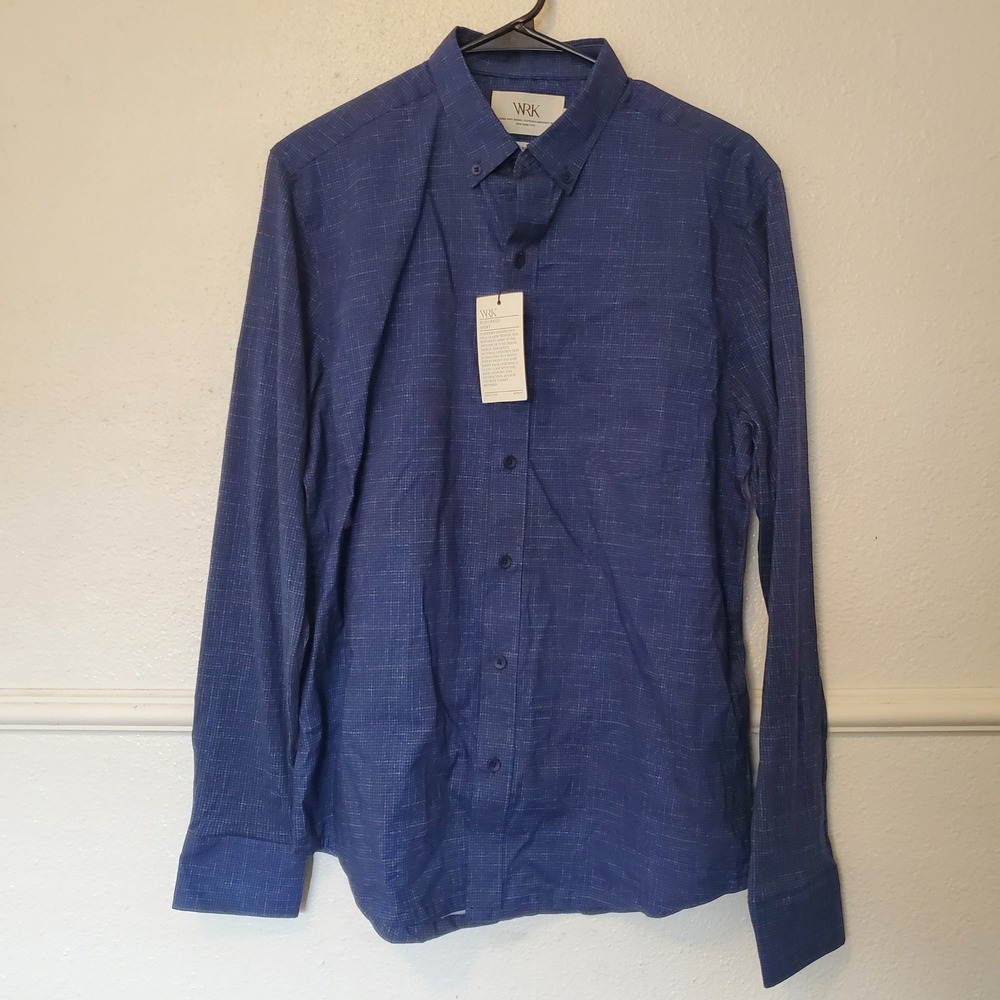 WRK Houndstooth Reworked Shirt Mens Medium Navy Blue Cotton Button Down New